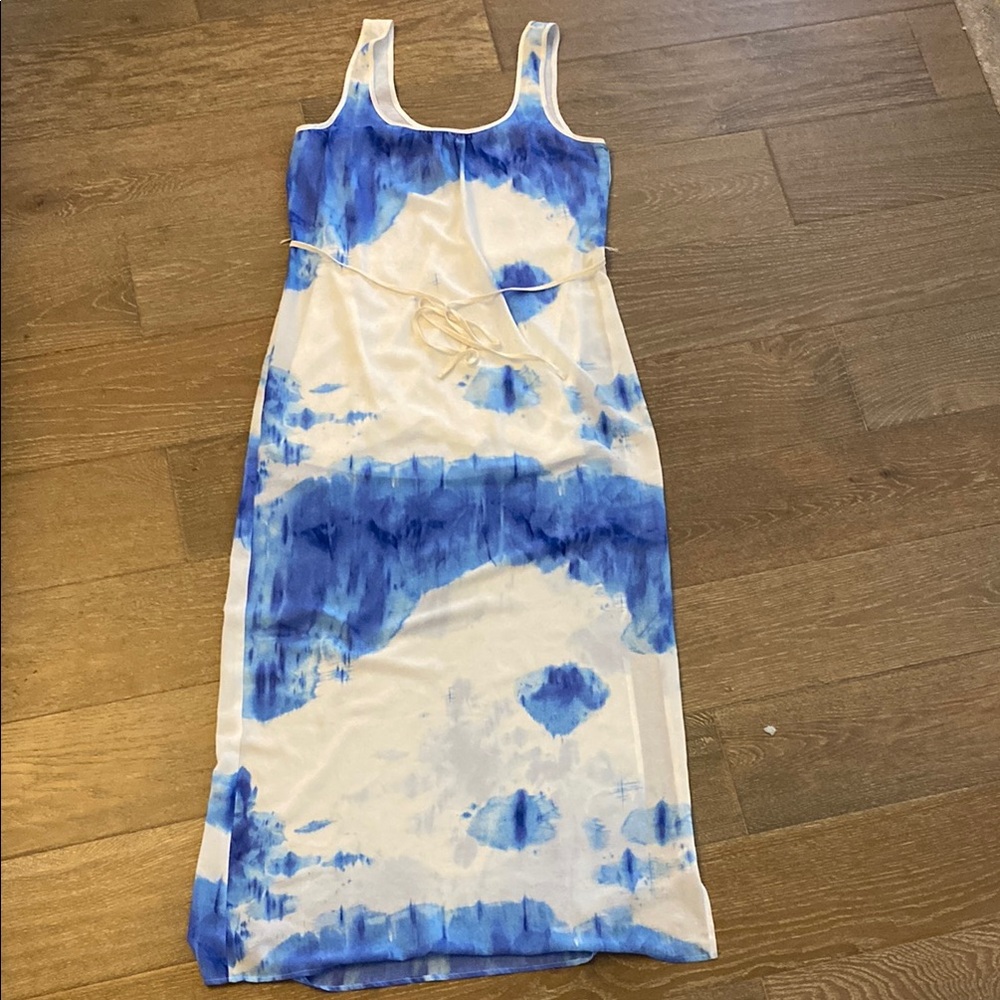 NWT Love Stitch Tie Dye Blue White Lined Belted Maxi Dress Resort Beach M 8 10
